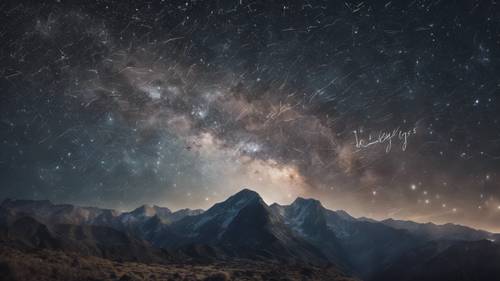 Pico de montanha atravessando o céu estrelado, com &quot;Eu sou ilimitado&quot; gravado na constelação.