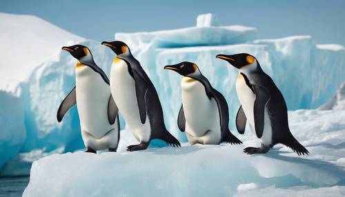 Uma família de pinguins deslizando alegremente sobre um grande iceberg.