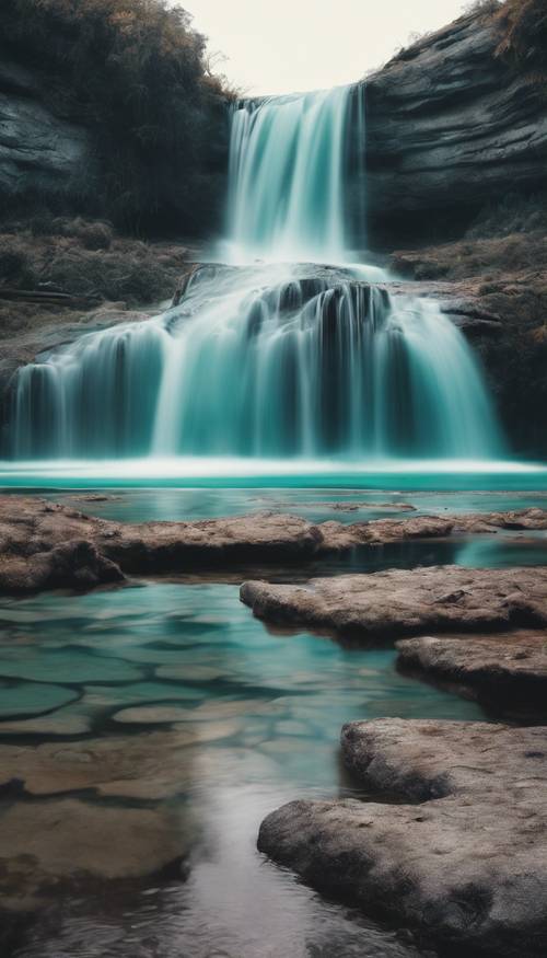 Uma imagem surreal de uma cachoeira azul-petróleo caindo em cascata sobre uma planície deserta.