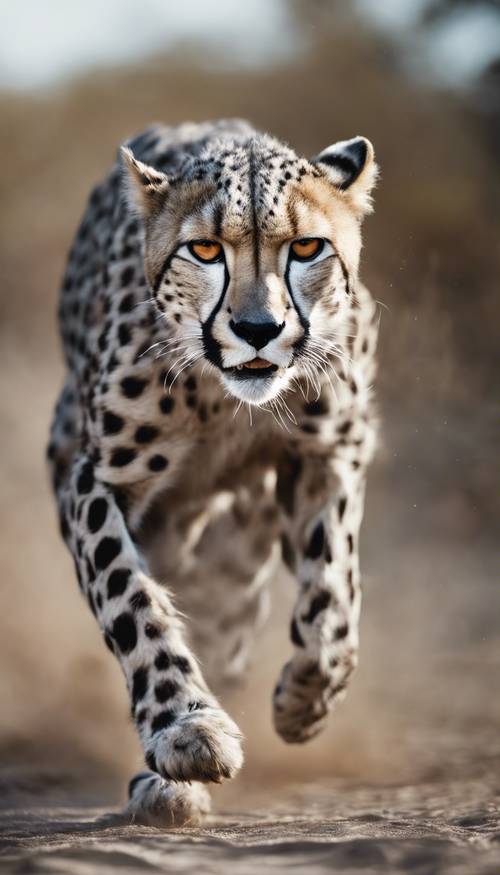 Un ghepardo grigio elegante e potente a metà corsa, con i muscoli che si increspano sotto il suo esclusivo motivo di pelliccia.