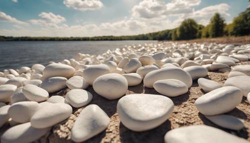 Un tas de pierres blanches au bord d’une rivière, sous un ciel ensoleillé.