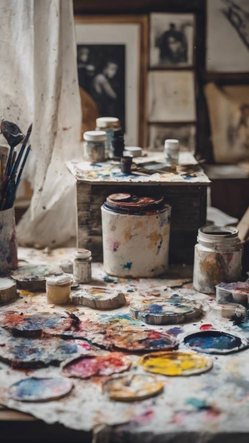 Una instantánea del estudio de un artista, salpicado de pintura, contrastado con lienzos de lino inmaculados.
