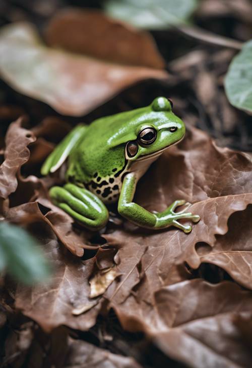 一只绿色的青蛙融入树叶之中，展示着它出色的伪装技巧。 墙纸 [043e9422913d450bb1d2]