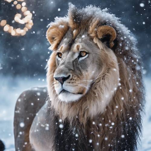 Eteryczny lew, świecący srebrem w świetle księżyca, zostawiający ślady łap na świeżym śniegu.