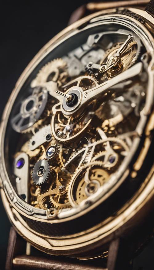 A detailed view of a steampunk-inspired watch with gears and springs visibly ticking