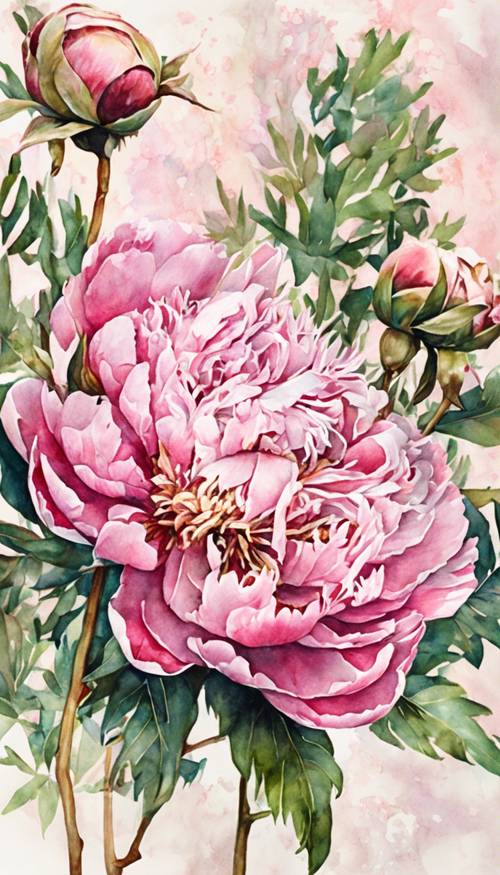 Una ilustración botánica de una peonía rosa creada con acuarelas.