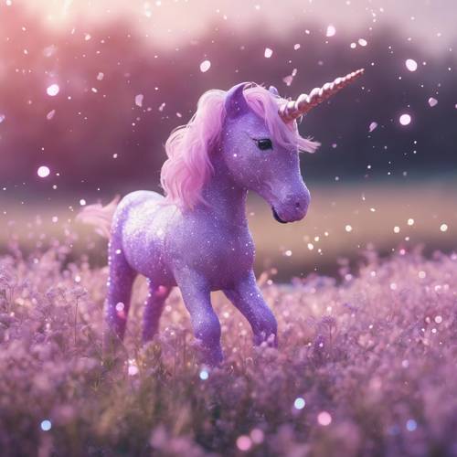 A pastel purple kawaii unicorn frolicking in a field filled with sparkles.