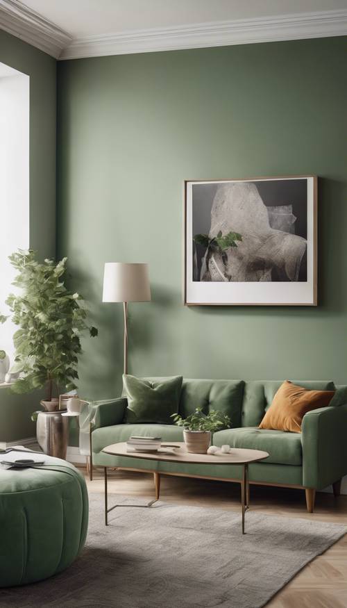 A minimalist living room with sage green walls and mid-century furniture.