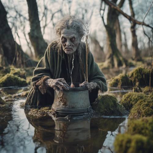 Una strega grottesca, che vive in una palude, curva su una pentola che bolle con una miscela sconosciuta sotto un albero antico e appassito.
