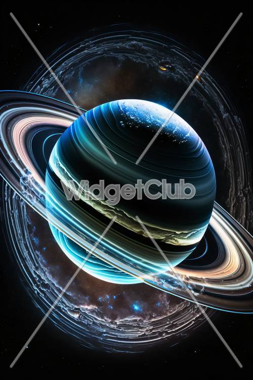 Impressionante planeta azul com anéis brilhantes no espaço