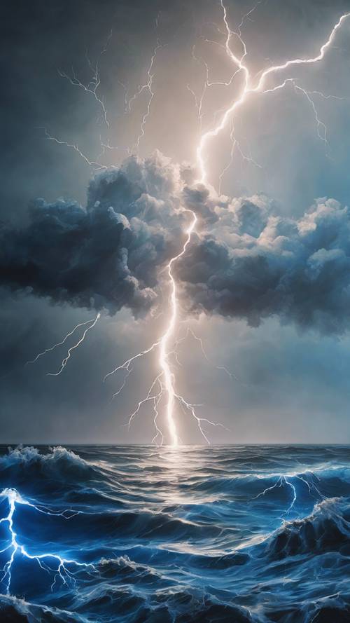 Ein abstraktes Acrylgemälde eines elektrisch blauen Blitzes, der ins Meer einschlägt.