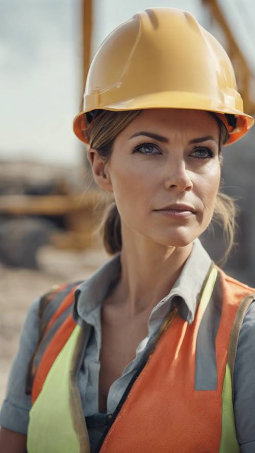 Una donna guidata in un cantiere con indosso un casco e un giubbotto rigidi, che supervisiona il lavoro con serietà e dedizione.
