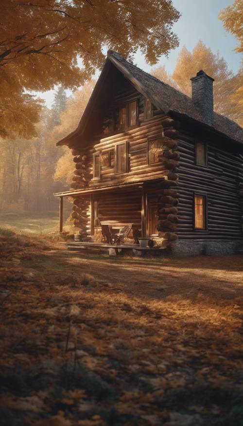 Art of a log cabin in the middle of an autumn forest, smoke trailing from the chimney.