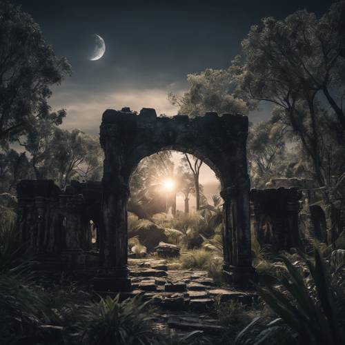 Una antigua jungla negra que esconde las ruinas de una civilización olvidada, cuya luz de la luna revela su gloria desvanecida.