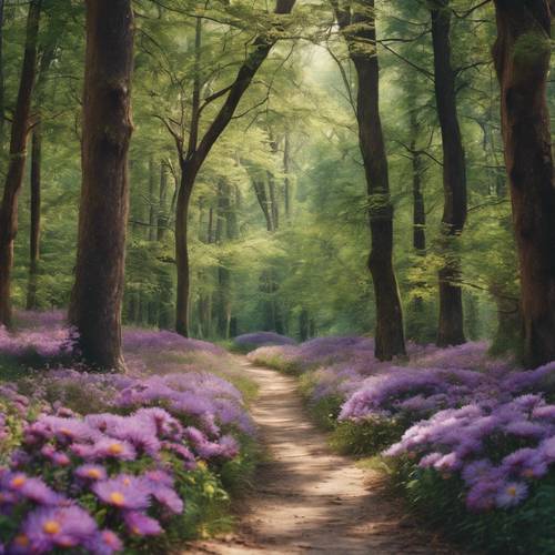 A magical forest path lined with tall, mature trees and vibrant asters.