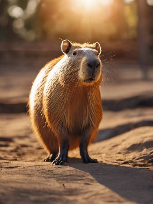 A capybara with twinkling eyes illuminated by the setting sun's golden rays.