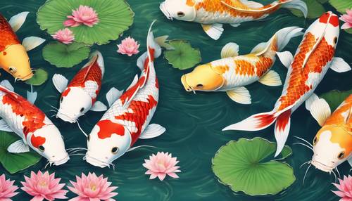 Sebuah mural Jepang yang ceria menggambarkan sekelompok ikan koi yang lucu dan berwarna-warni sedang berenang bebas di sebuah kolam yang dikelilingi oleh daun teratai yang rimbun.