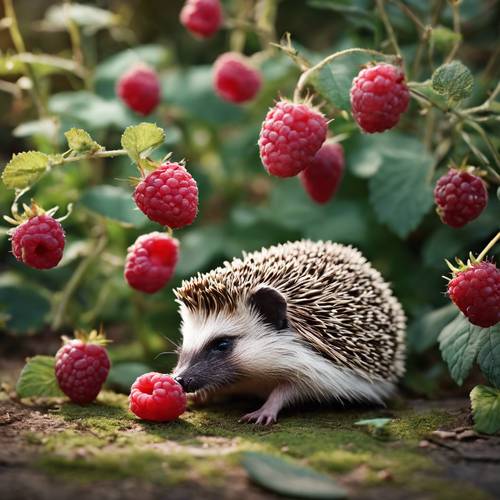 A hedgehog munching on a raspberry in a quaint garden setup. Tapeta [556cac6863d746e6ab2b]