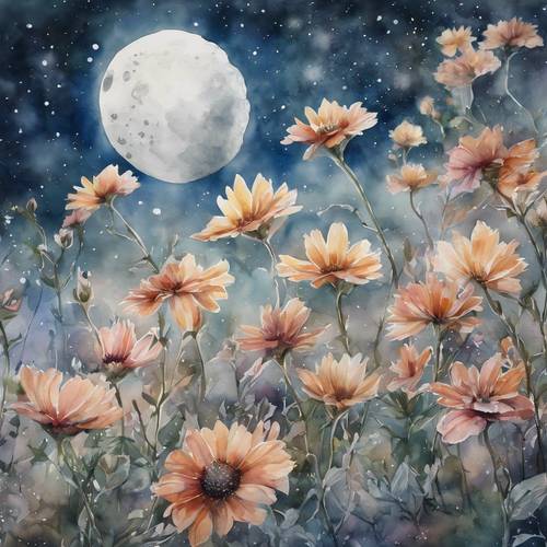 A surreal watercolor painting of flowers blooming on the moon's surface.
