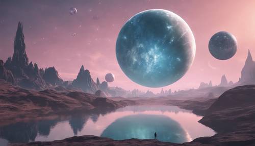 Alien planets drawn in pastel hues, hanging serene in an ethereal sky.