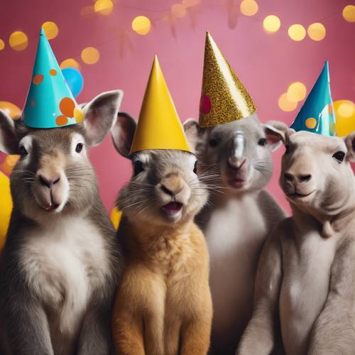 Um grupo peculiar e fofo de animais usando chapéus de festa e assoprando apitos na festa de Ano Novo de um zoológico.