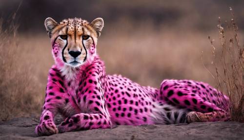 Seekor cheetah merah jambu tua beristirahat dengan anggun di dekat lubang air, bintik-bintik gelapnya menceritakan kisah bertahun-tahun yang dihabiskan di padang rumput yang luas.