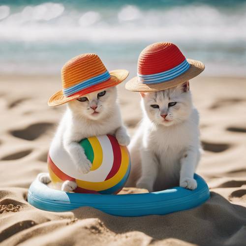 Tres gatos blancos con sombreros de sol coloridos bateando juguetonamente una pelota de playa en una playa de arena.