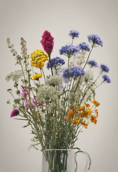 Uma representação gráfica minimalista de um buquê de flores silvestres variadas.