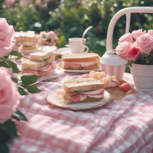 Um piquenique estilo kawaii em um jardim elegante com roseiras e sanduíches em tons pastéis