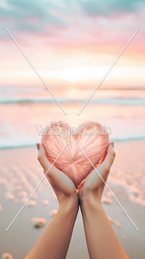 Coucher de soleil, plage, coeur, mains