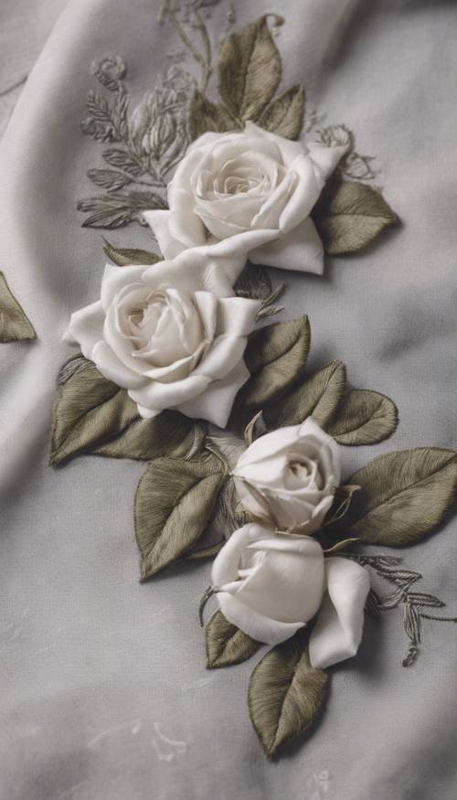 Roses grises brodées sur un vieux mouchoir en soie de dame.