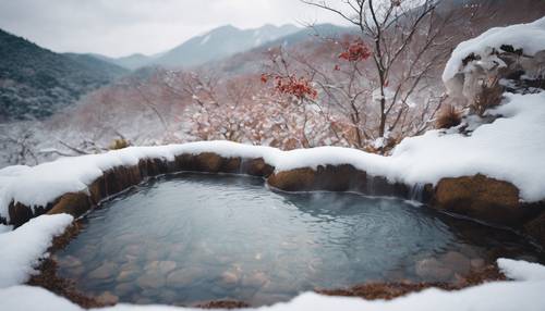 Relaksujące gorące źródło położone w japońskim śnieżnym górskim krajobrazie.