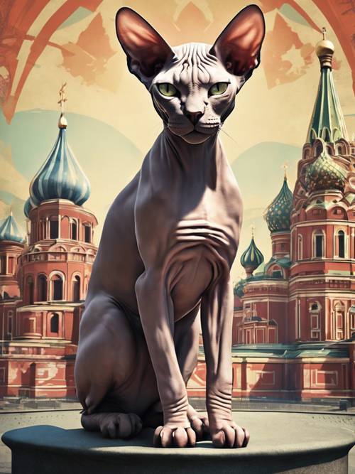 Ein Bild im Stil eines Propagandaplakats, das eine starke und kraftvolle Sphynx-Katze zeigt, die vor einer stilisierten Kulisse des industrialisierten Russlands der 1950er Jahre hoch aufragt.