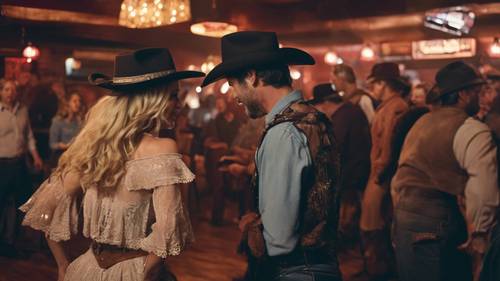 Ein Paar in Westernkleidung tanzt Line Dance in einer Bar in Nashville.