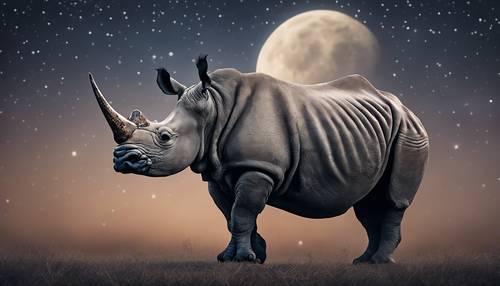 A rhino under the night sky illumined by the crescent moon.