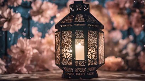 A boho floral lantern with a paper cut-out of detailed flower patterns.