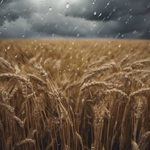 Nuvens de chuva cinzentas correndo sobre o campo de trigo dourado, sugerindo uma tempestade.