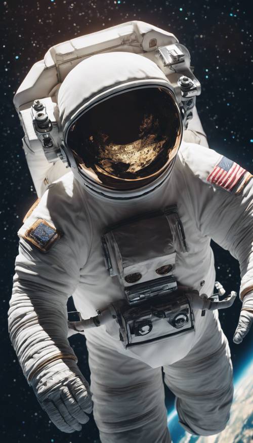 Un astronauta fluttuante nello spazio, con la Terra riflessa nel suo visore.