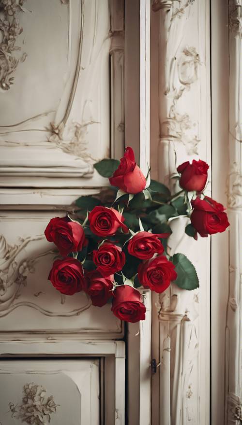 Un ramo de rosas rojas antiguas colocadas sobre un antiguo armario blanco.