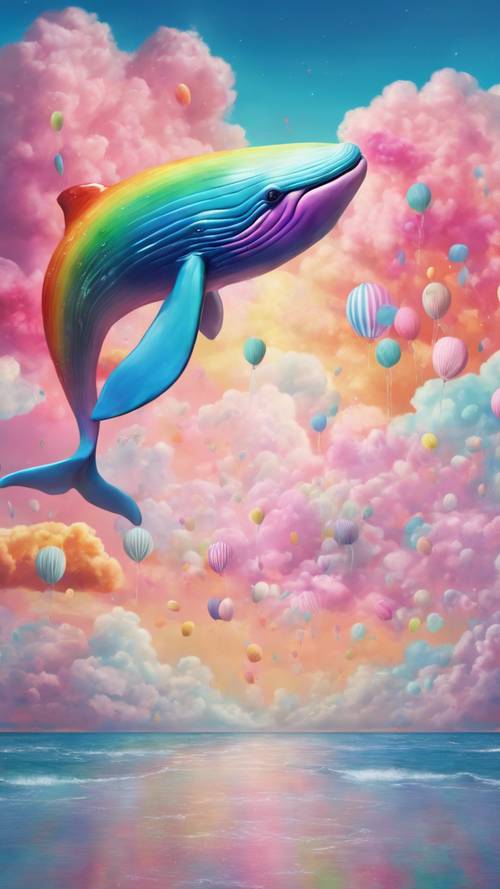 A whimsical painting of a colorful rainbow whale flying in a cotton candy cloud-strewn sky.