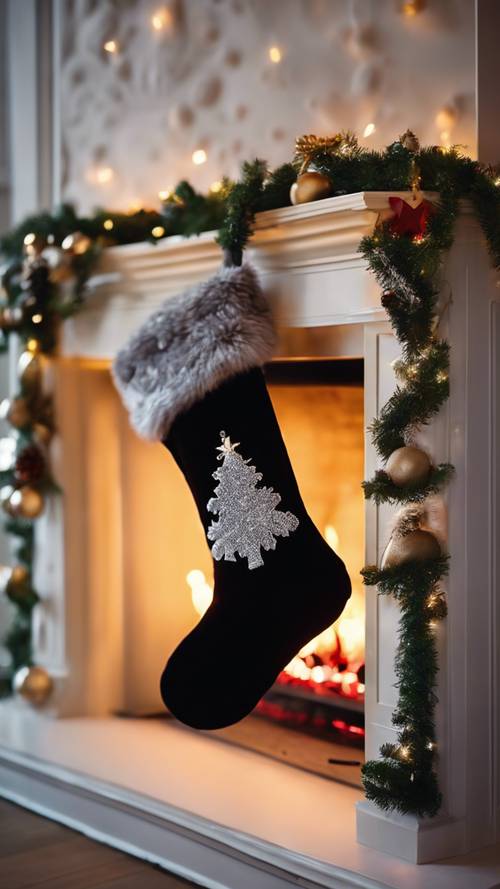 Primo piano di una calza di Natale in velluto nero appesa a un caminetto decorato a festa, con un fuoco scoppiettante sotto.