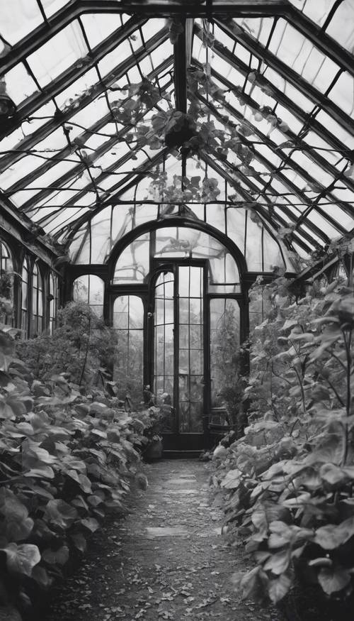 Una fotografía en blanco y negro de un invernadero de la época victoriana cubierto de enredaderas en primavera.