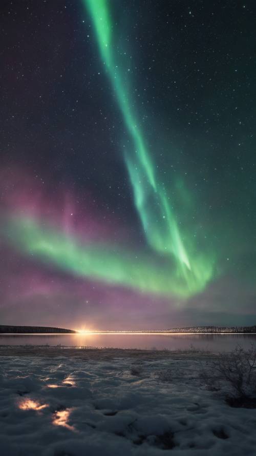 A Aurora Boreal no céu noturno com a legenda &quot;Alcance as estrelas&quot; piscando entre as luzes dançantes.