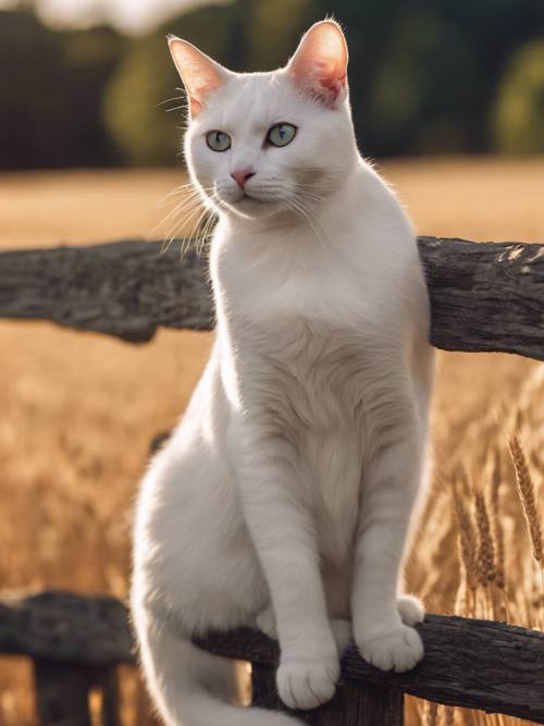 Seekor kucing domestik berbulu pendek berwarna putih berdiri dengan bangga di tepi tiang pagar pertanian, menghadap ladang gandum yang disinari matahari.