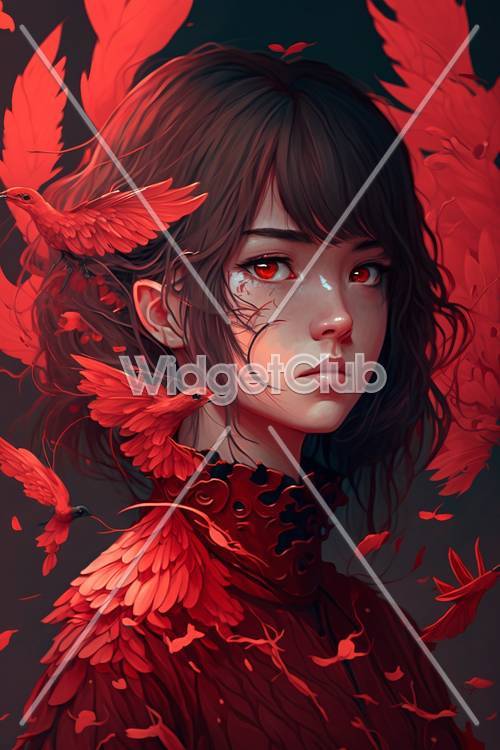 Red Birds and Girl Fantasy Art
