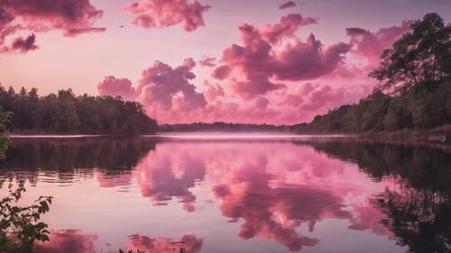 Rosa Wolken spiegeln sich in der Dämmerung in einem unberührten See.