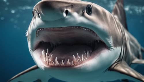 Zbliżenie na zastraszające spojrzenie rekina tygrysiego, odsłaniające rzędy ostrych zębów i zimne, białawe oczy.