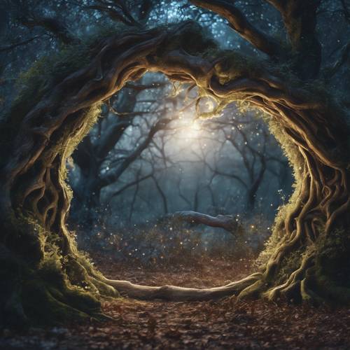 غابة سحرية تستحم في ضوء القمر، مع شجرة قديمة معقودة تفتح بوابة إلى عالم خرافي متلألئ.