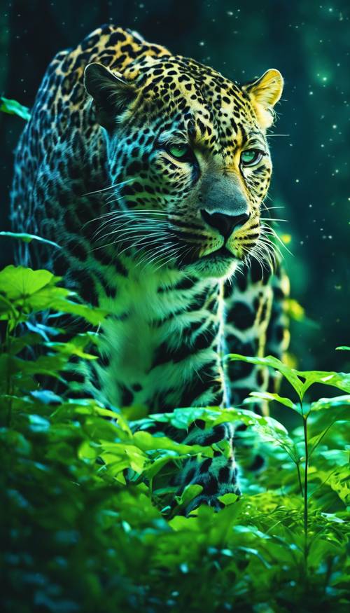 A neon green leopard prowling in the moonlight in a dense forest. Tapeta [9f79aa37b6a048dfb41c]