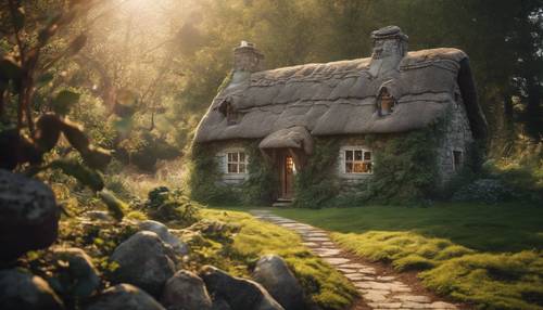 A charming stone cottage nestled deep within an enchanted forest, lit by soft morning sunlight".